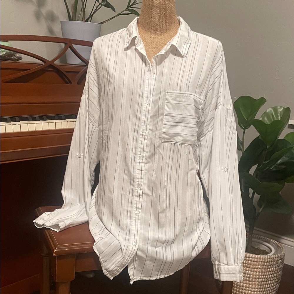 Eden & Olivia White Button Down Pinstripe Buisness Casual Shirt Oversize L